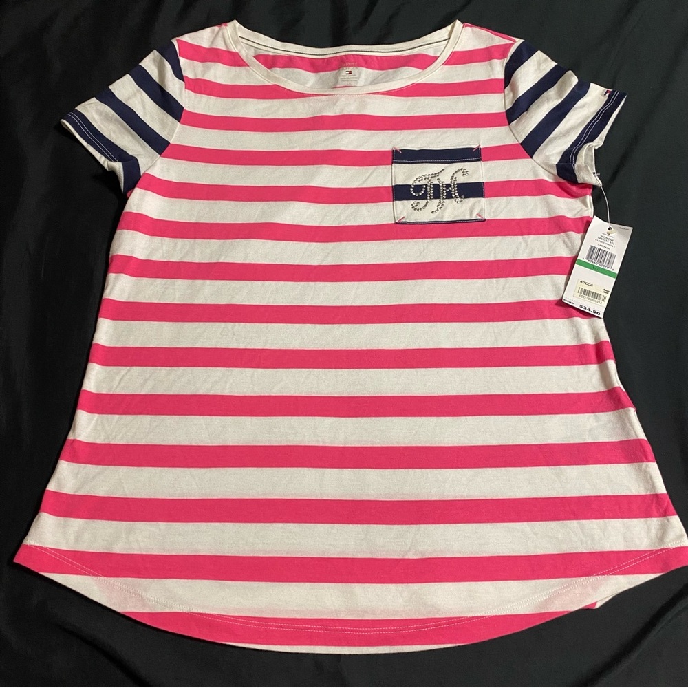 Tommy Hilfiger Short Sleeve Tee Embellished Pocket Pink Navy White in L, NWT